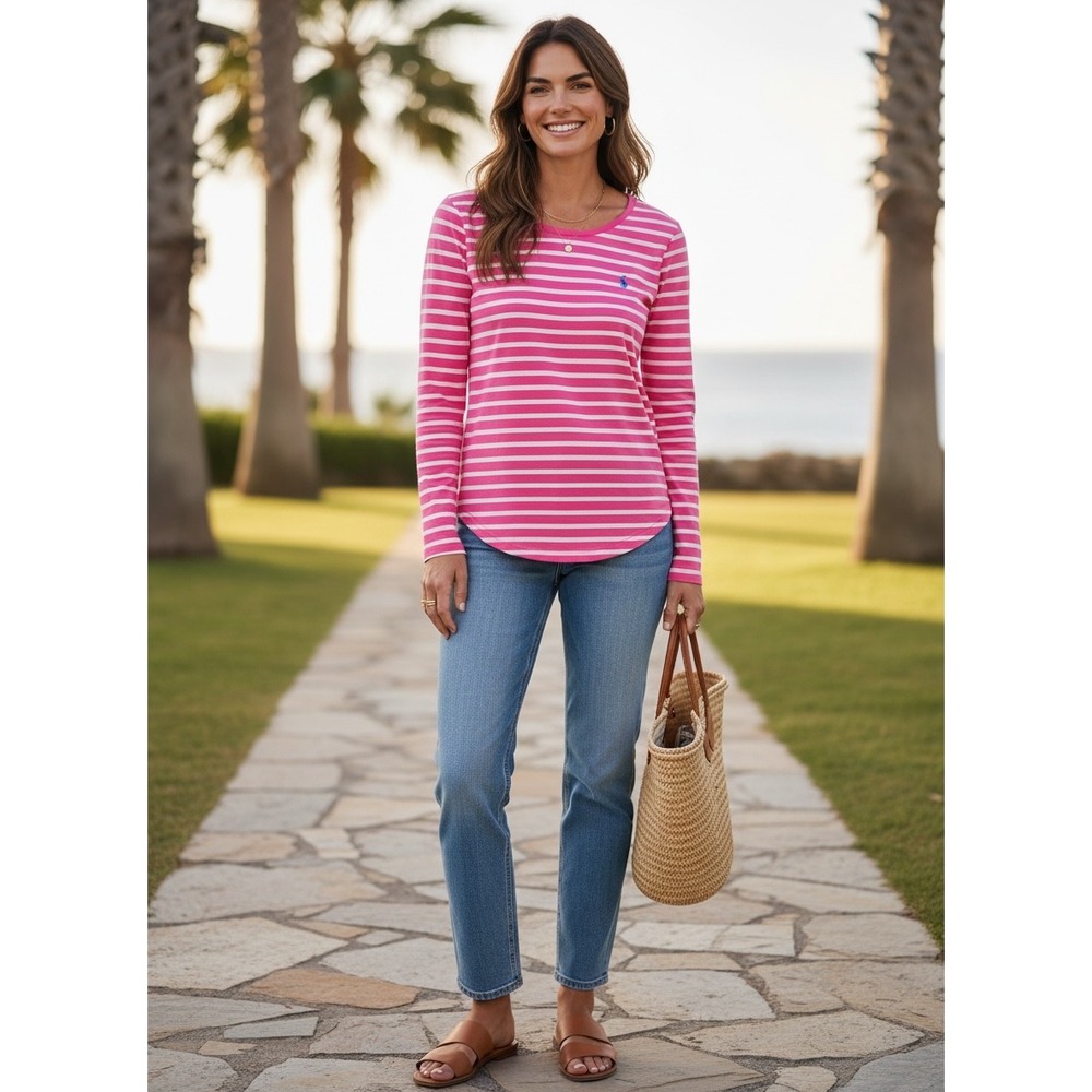 Polo Ralph Lauren Women M Pink White Striped Long Sleeve Cotton Shirt Pony Logo